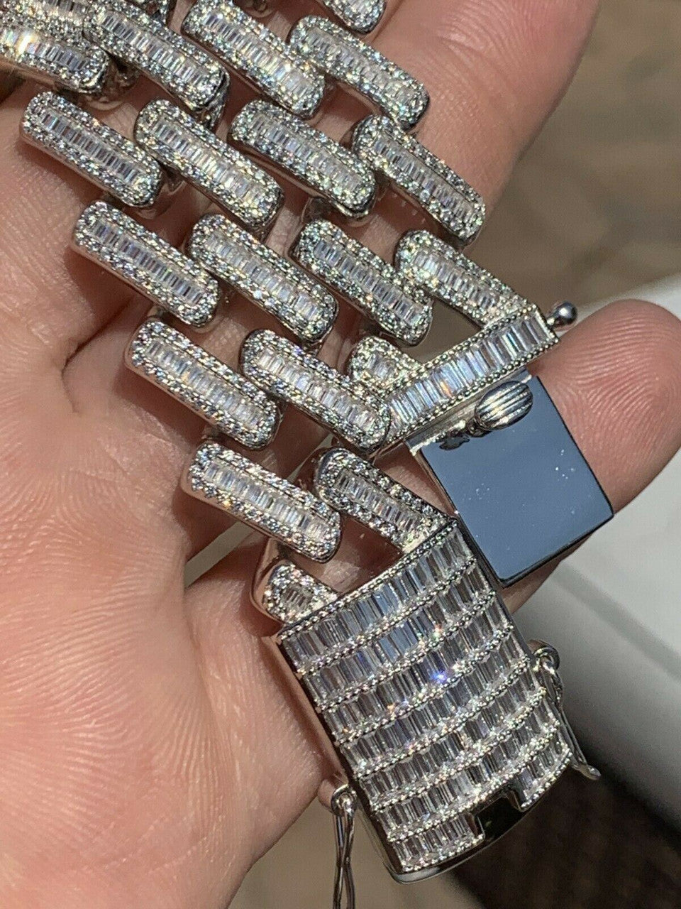 HarlemBling Mens 18mm Baguette Prong Cuban Bracelet Solid 925 Sterling Silver FULLY ICED