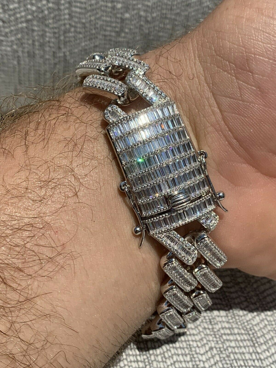 HarlemBling Mens 18mm Baguette Prong Cuban Bracelet Solid 925 Sterling Silver FULLY ICED