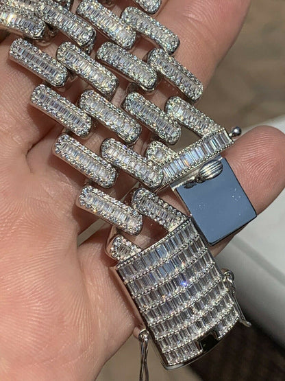 HarlemBling Mens 18mm Baguette Prong Cuban Chain Solid 925 Silver 18 Choker - 30 Real Iced