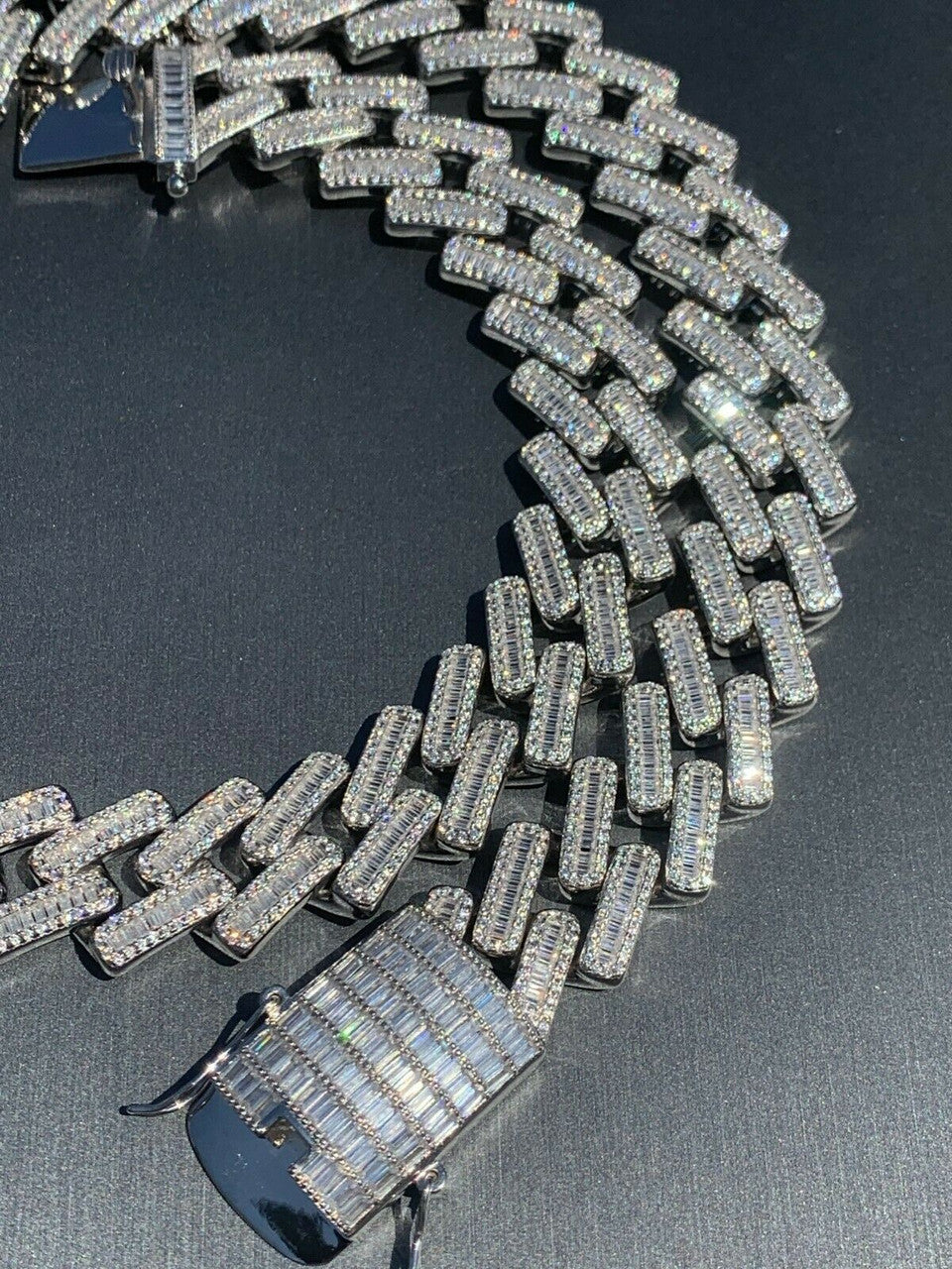 HarlemBling Mens 18mm Baguette Prong Cuban Chain Solid 925 Silver 18 Choker - 30 Real Iced