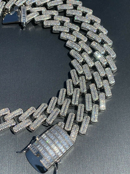 HarlemBling Mens 18mm Baguette Prong Cuban Chain Solid 925 Silver 18 Choker - 30 Real Iced