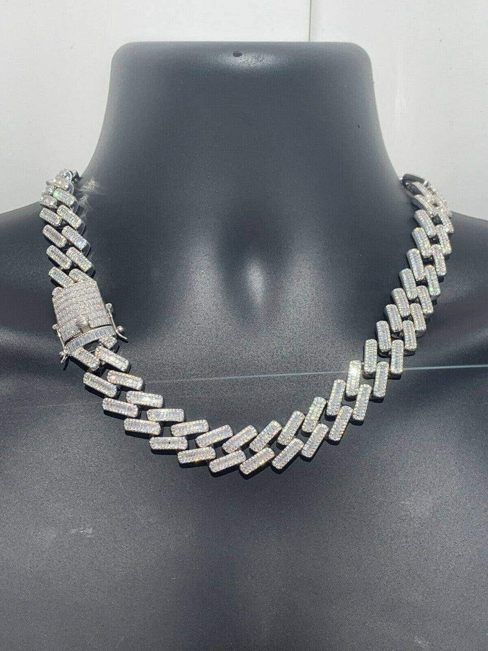 HarlemBling Mens 18mm Baguette Prong Cuban Chain Solid 925 Silver 18 Choker - 30 Real Iced