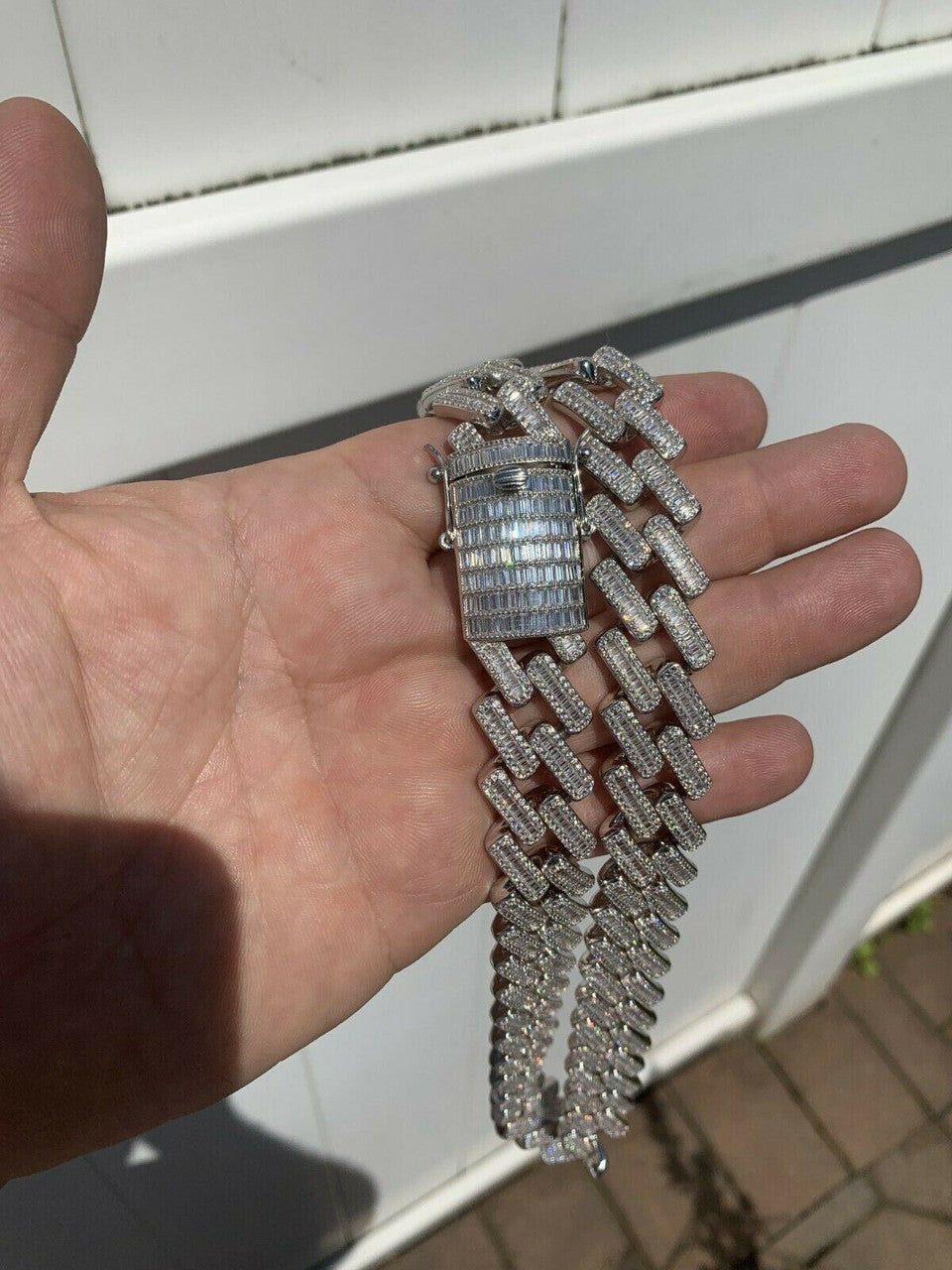 HarlemBling Mens 18mm Baguette Prong Cuban Chain Solid 925 Silver 18 Choker - 30 Real Iced