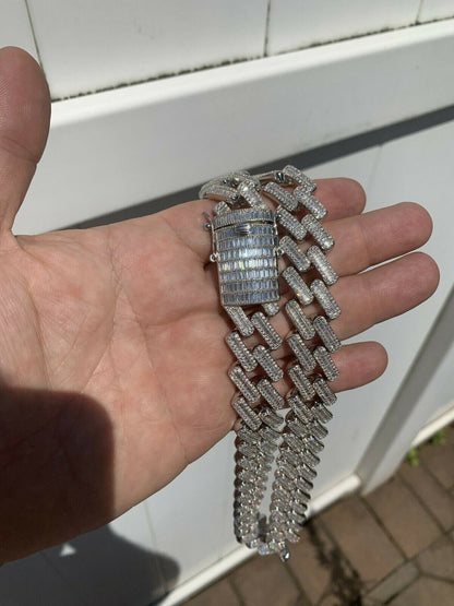 HarlemBling Mens 18mm Baguette Prong Cuban Chain Solid 925 Silver 18 Choker - 30 Real Iced