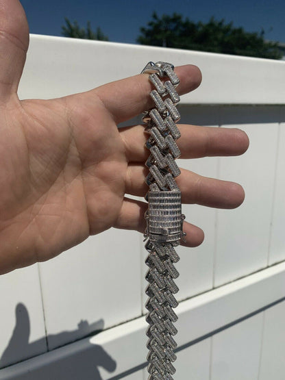 HarlemBling Mens 18mm Baguette Prong Cuban Chain Solid 925 Silver 18 Choker - 30 Real Iced
