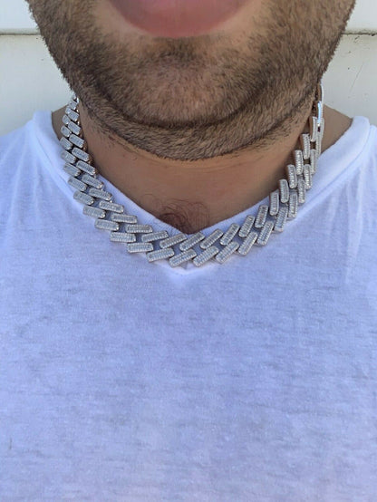 HarlemBling Mens 18mm Baguette Prong Cuban Chain Solid 925 Silver 18 Choker - 30 Real Iced