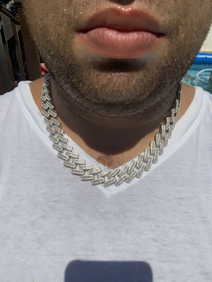 HarlemBling Mens 18mm Baguette Prong Cuban Chain Solid 925 Silver 18 Choker - 30 Real Iced