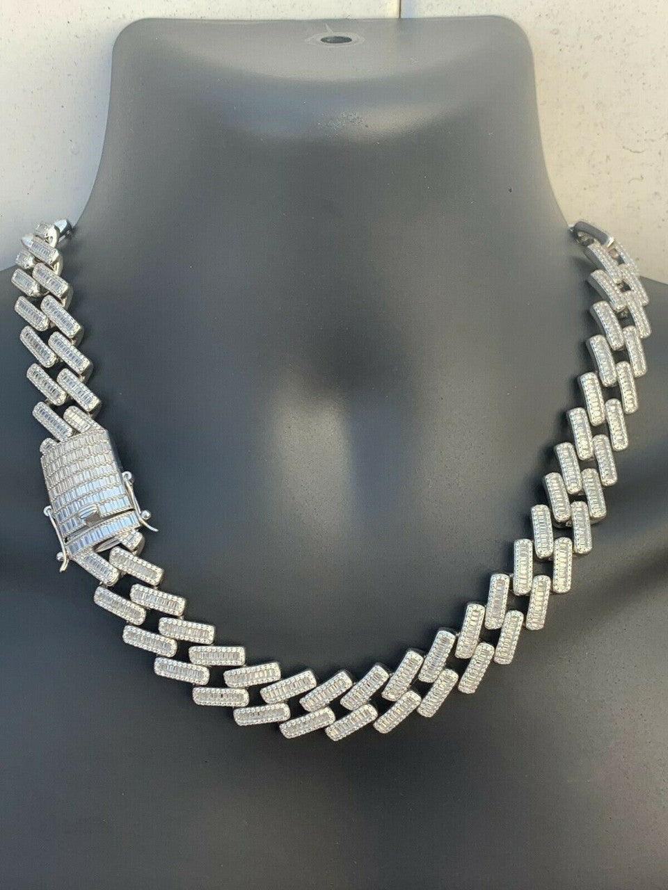 HarlemBling Mens 18mm Baguette Prong Cuban Chain Solid 925 Silver 18 Choker - 30 Real Iced