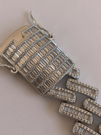 HarlemBling Mens 18mm Baguette Prong Cuban Chain Solid 925 Silver 18 Choker - 30 Real Iced