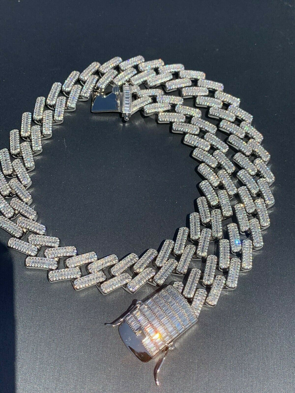 HarlemBling Mens 18mm Baguette Prong Cuban Chain Solid 925 Silver 18 Choker - 30 Real Iced