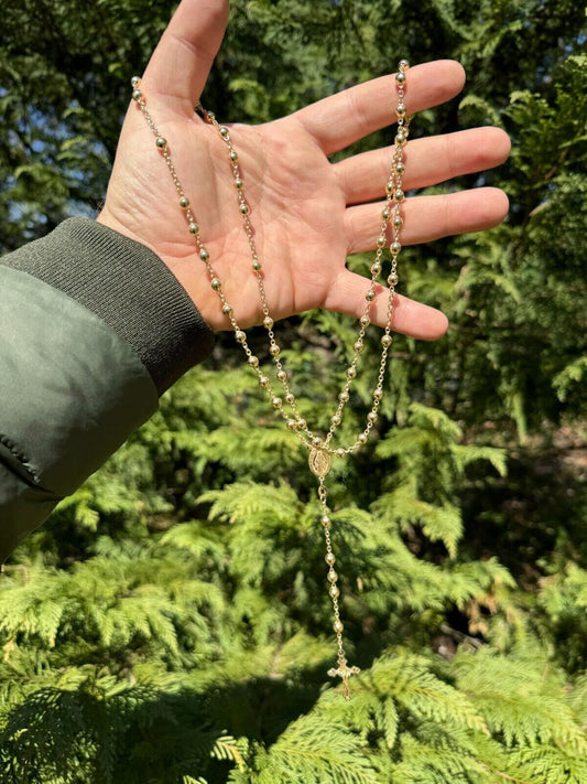 HarlemBling Men's 30" Long Rosary Beads Necklace 14k Gold Over 925 Silver Rosario ITALY 5mm