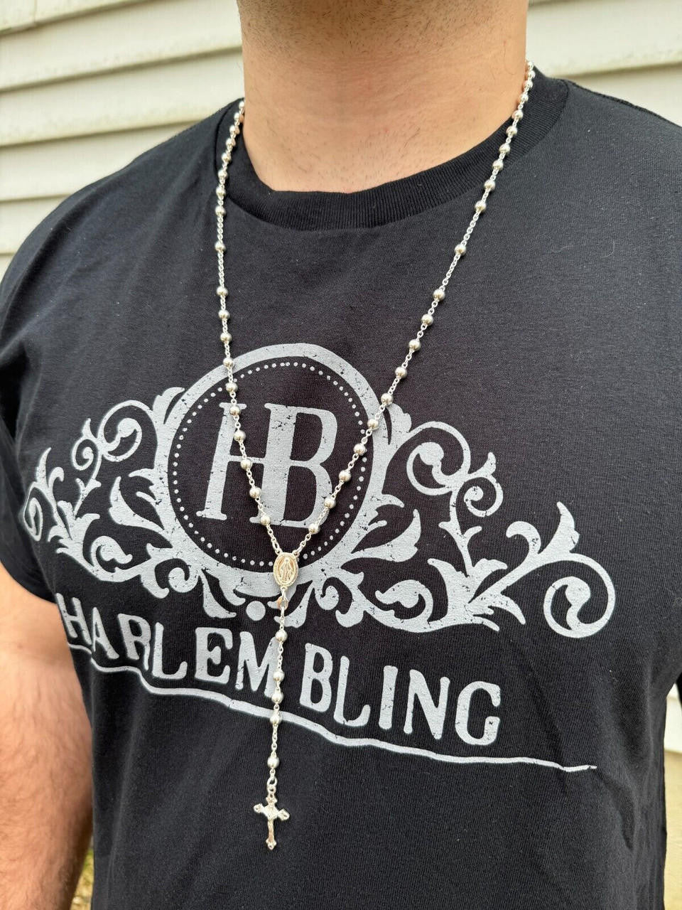 HarlemBling Men's 30" Long Rosary Beads Necklace Solid 925 Sterling Silver Rosario ITALY 5mm