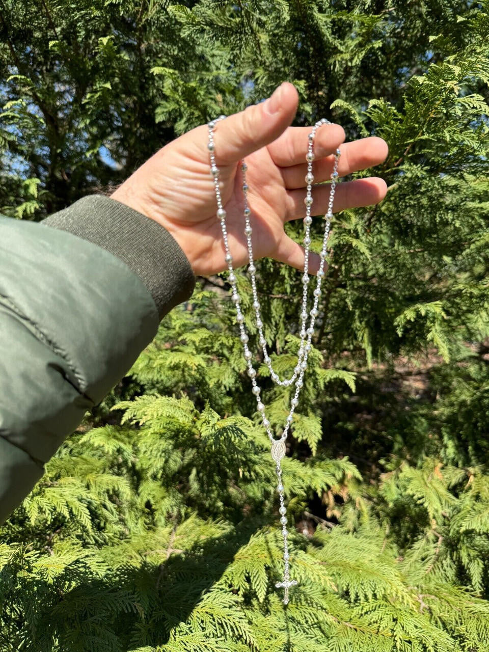 HarlemBling Men's 30" Long Rosary Beads Necklace Solid 925 Sterling Silver Rosario ITALY 5mm