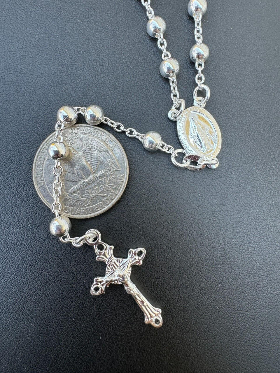 HarlemBling Men's 30" Long Rosary Beads Necklace Solid 925 Sterling Silver Rosario ITALY 5mm