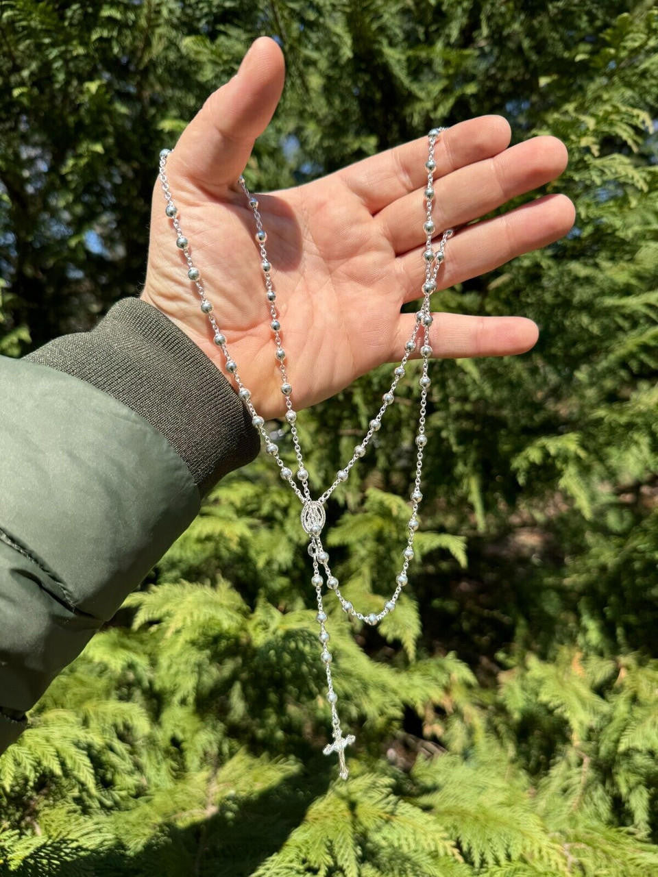 HarlemBling Men's 30" Long Rosary Beads Necklace Solid 925 Sterling Silver Rosario ITALY 5mm