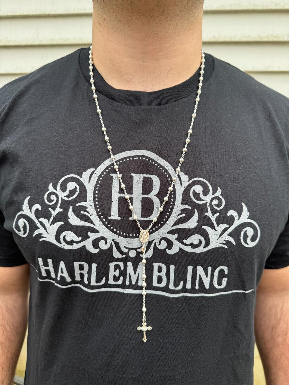 HarlemBling Men's 30" Long Rosary Beads Necklace Solid 925 Sterling Silver Rosario ITALY 5mm