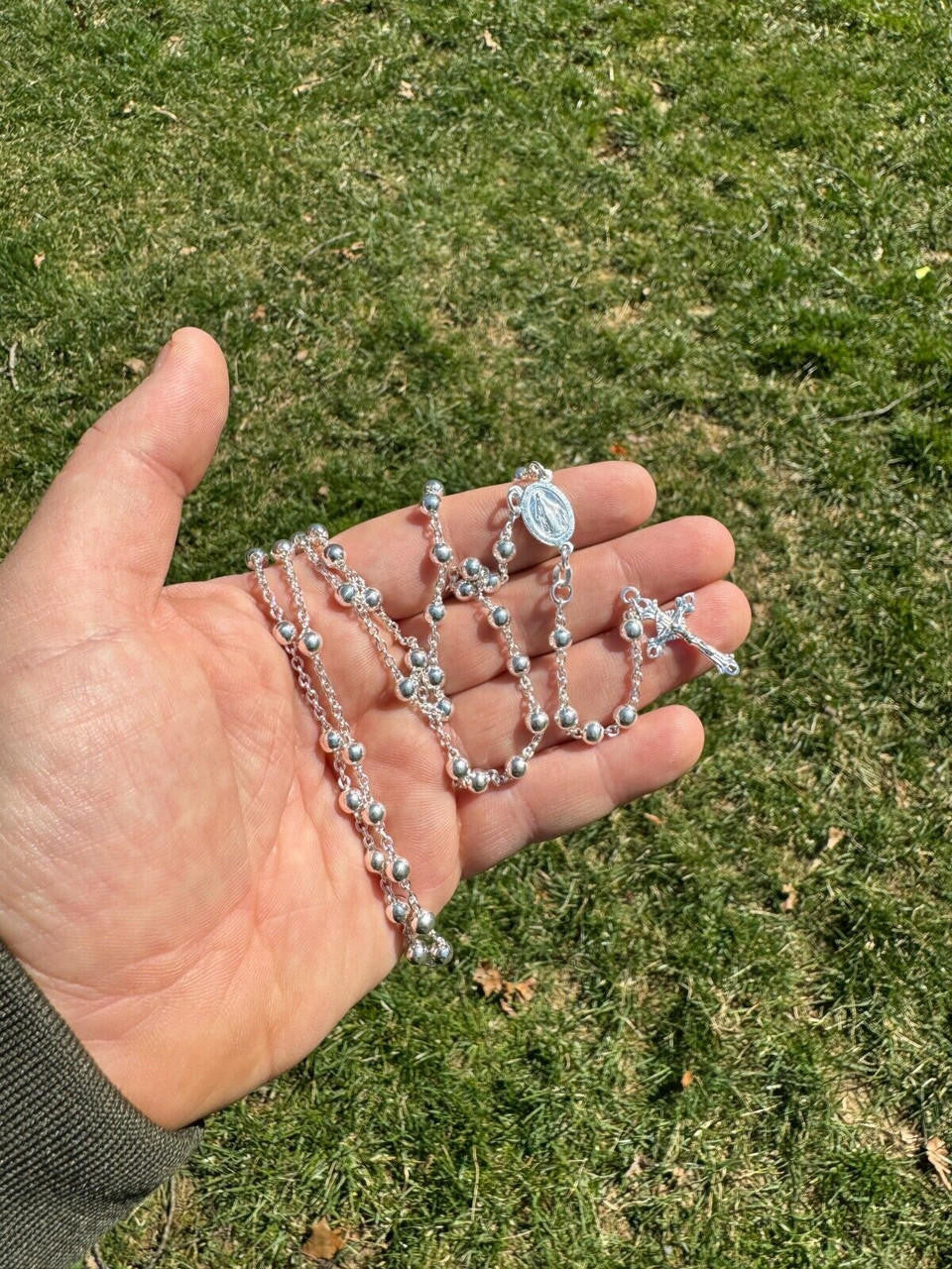 HarlemBling Men's 30" Long Rosary Beads Necklace Solid 925 Sterling Silver Rosario ITALY 5mm