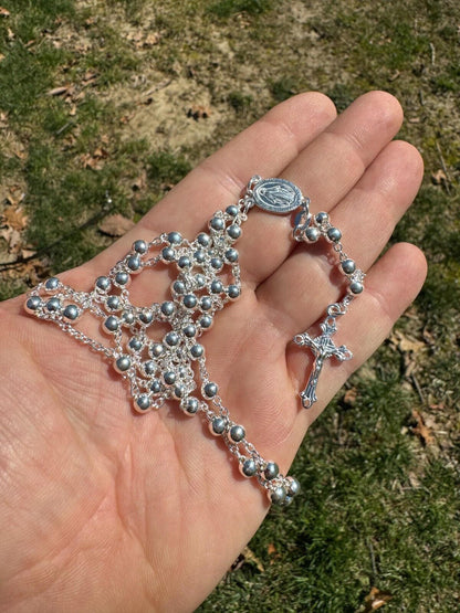 HarlemBling Men's 30" Long Rosary Beads Necklace Solid 925 Sterling Silver Rosario ITALY 5mm
