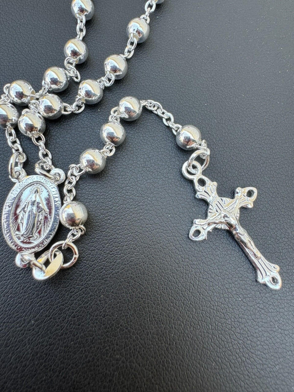 HarlemBling Men's 30" Long Rosary Beads Necklace Solid 925 Sterling Silver Rosario ITALY 5mm