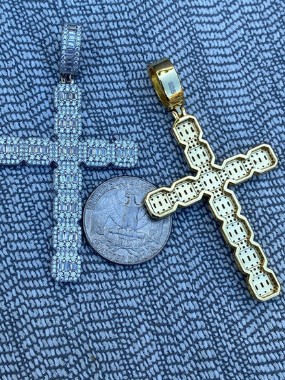 HarlemBling Mens 925 Sterling Baguette Diamond Cross Pendant Iced Gold Silver Necklace BIG