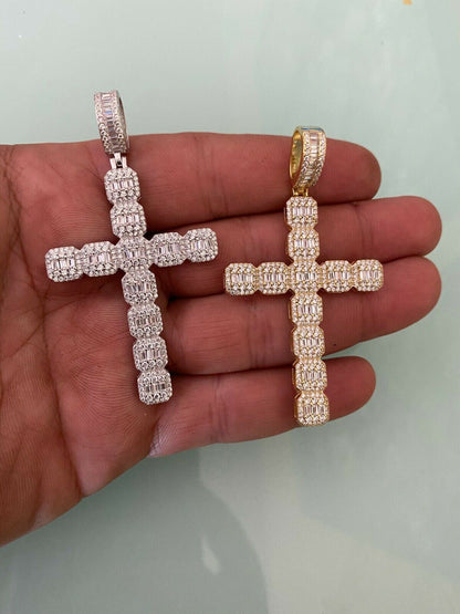 HarlemBling Mens 925 Sterling Baguette Diamond Cross Pendant Iced Gold Silver Necklace BIG