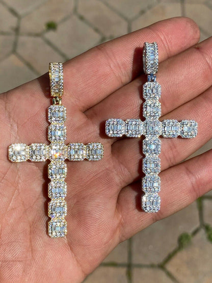 HarlemBling Mens 925 Sterling Baguette Diamond Cross Pendant Iced Gold Silver Necklace BIG
