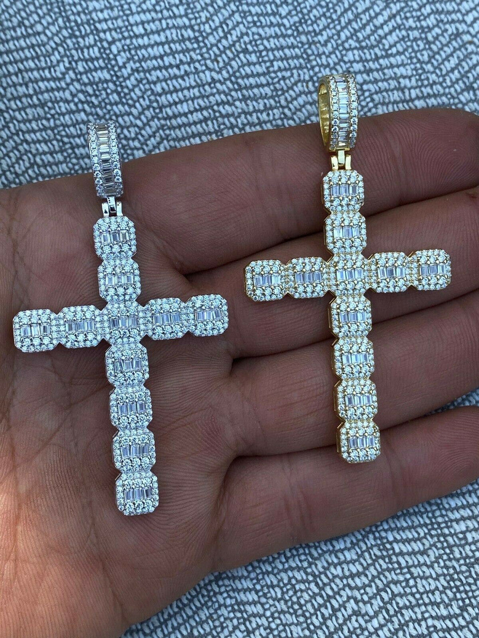 HarlemBling Mens 925 Sterling Baguette Diamond Cross Pendant Iced Gold Silver Necklace BIG