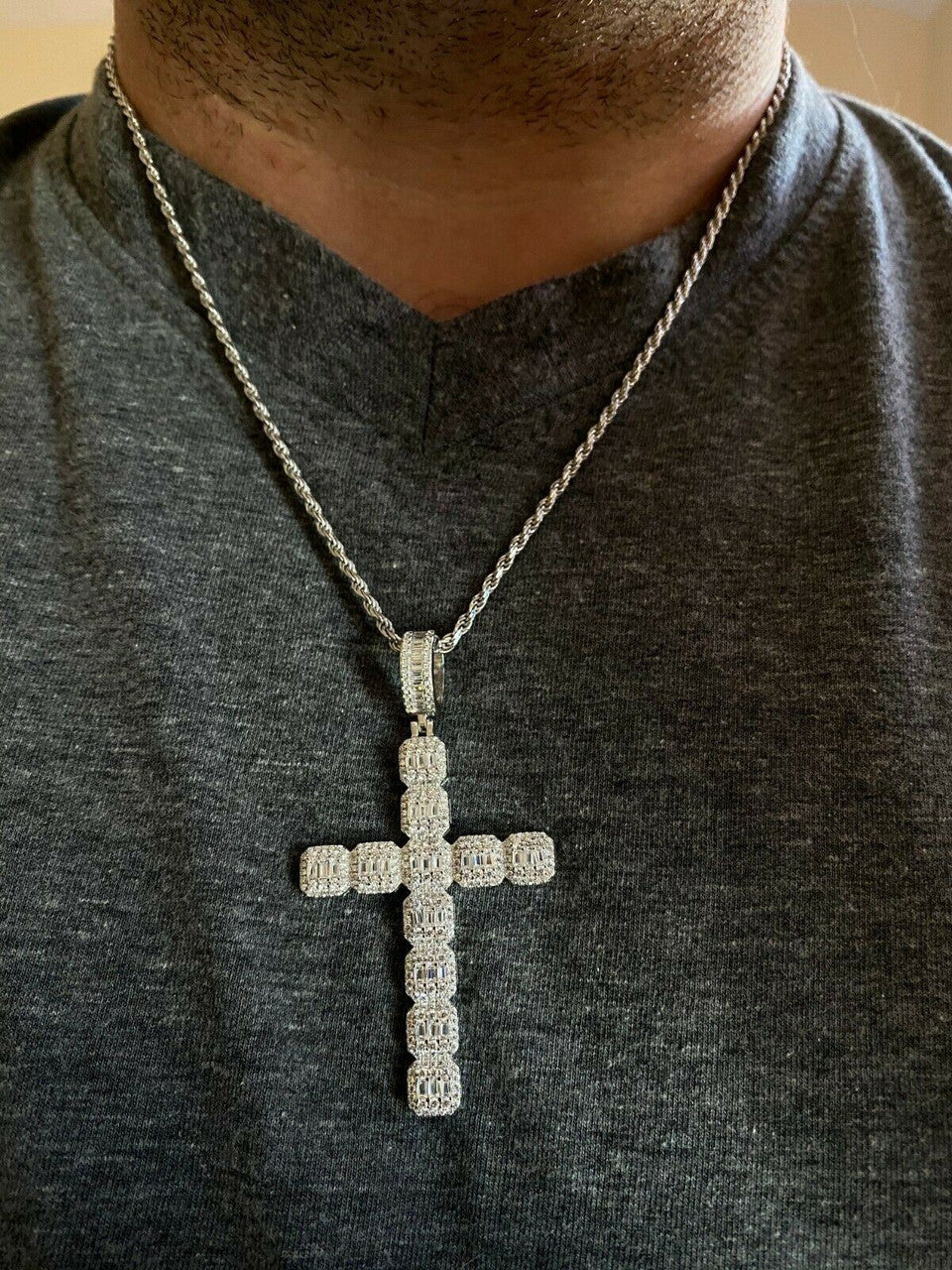 HarlemBling Mens 925 Sterling Baguette Diamond Cross Pendant Iced Gold Silver Necklace BIG
