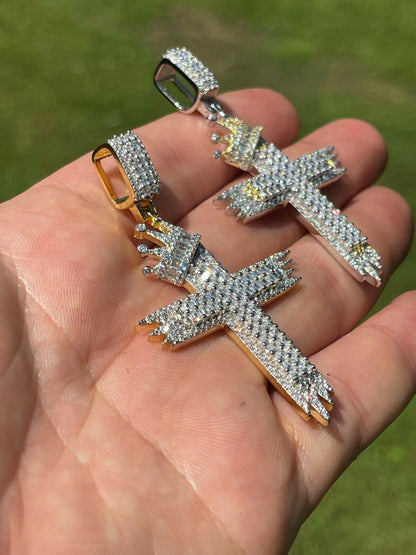 HarlemBling Mens 925 Sterling Baguette Diamond Cross W King Crown Pendant Iced Gold Silver