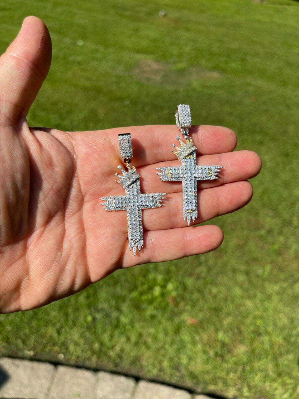 HarlemBling Mens 925 Sterling Baguette Diamond Cross W King Crown Pendant Iced Gold Silver