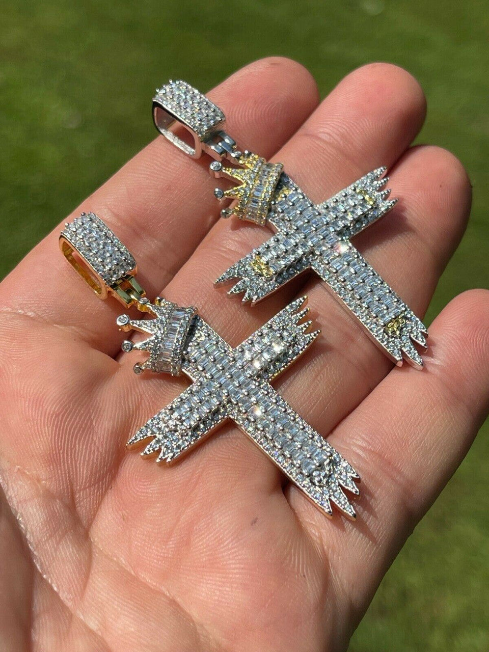 HarlemBling Mens 925 Sterling Baguette Diamond Cross W King Crown Pendant Iced Gold Silver