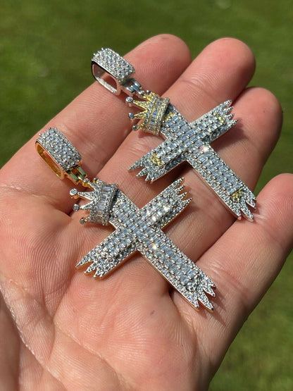 HarlemBling Mens 925 Sterling Baguette Diamond Cross W King Crown Pendant Iced Gold Silver