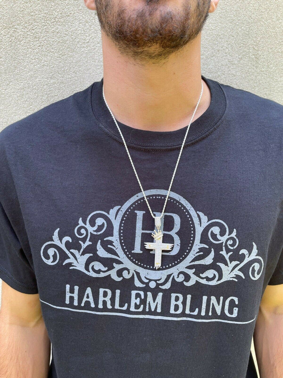 HarlemBling Mens 925 Sterling Baguette Diamond Cross W King Crown Pendant Iced Gold Silver