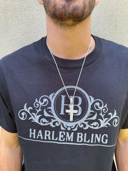 HarlemBling Mens 925 Sterling Baguette Diamond Cross W King Crown Pendant Iced Gold Silver