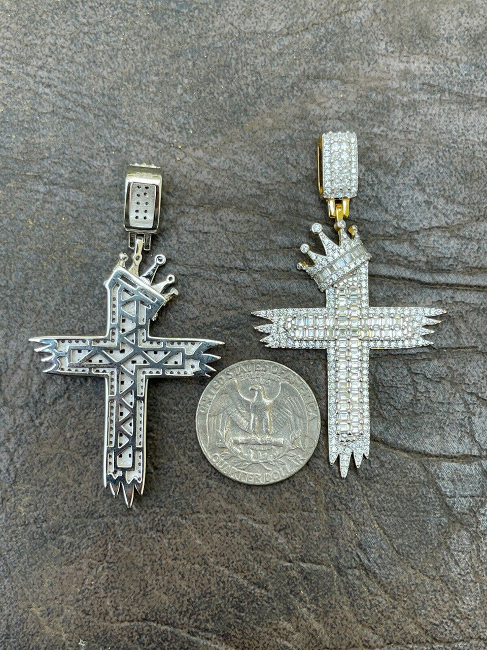 HarlemBling Mens 925 Sterling Baguette Diamond Cross W King Crown Pendant Iced Gold Silver