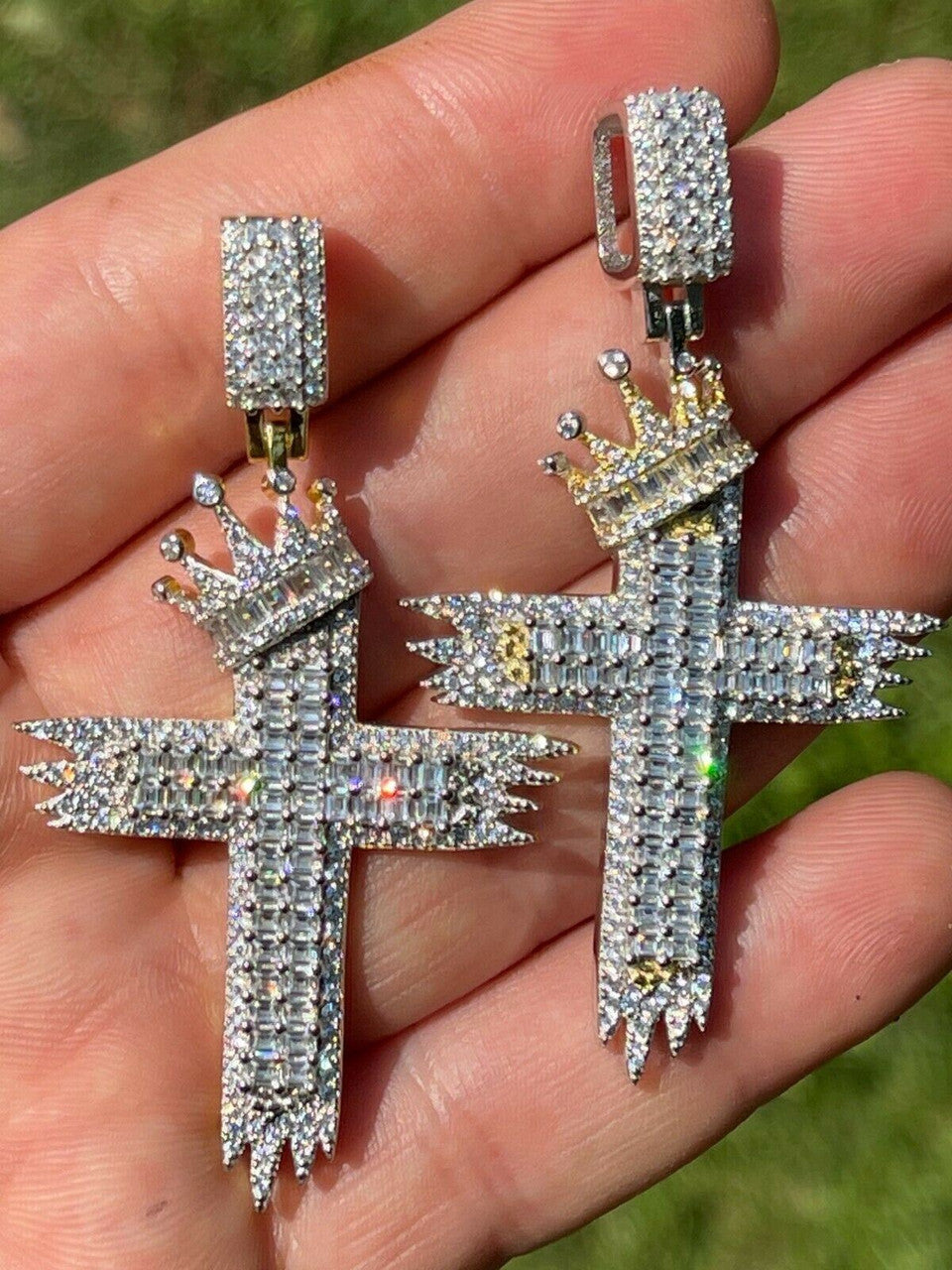 HarlemBling Mens 925 Sterling Baguette Diamond Cross W King Crown Pendant Iced Gold Silver