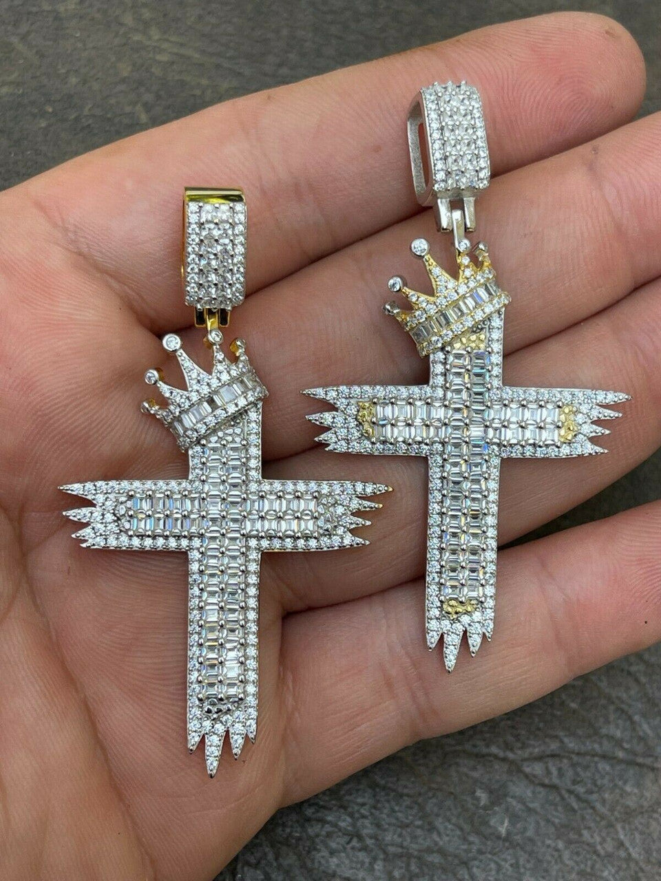 HarlemBling Mens 925 Sterling Baguette Diamond Cross W King Crown Pendant Iced Gold Silver