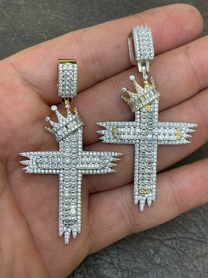 HarlemBling Mens 925 Sterling Baguette Diamond Cross W King Crown Pendant Iced Gold Silver
