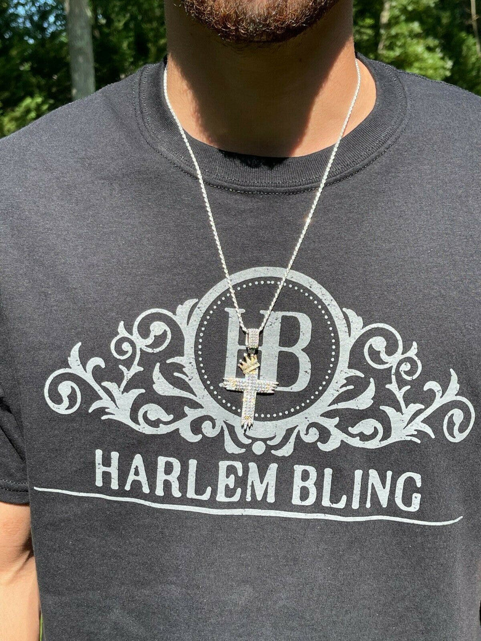 HarlemBling Mens 925 Sterling Baguette Diamond Cross W King Crown Pendant Iced Gold Silver