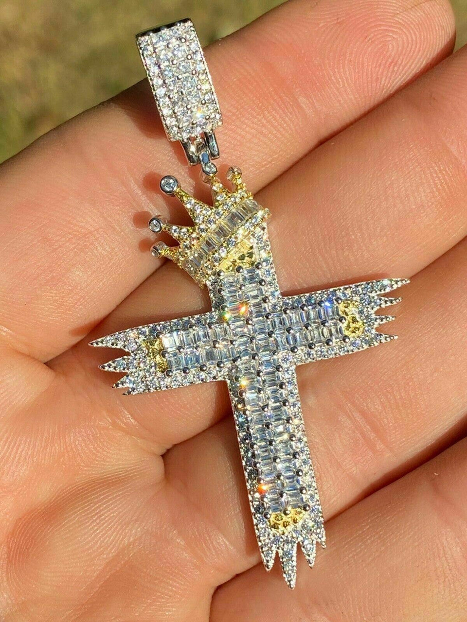 HarlemBling Mens 925 Sterling Baguette Diamond Cross W King Crown Pendant Iced Gold Silver