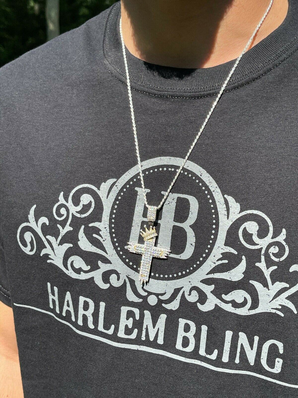 HarlemBling Mens 925 Sterling Baguette Diamond Cross W King Crown Pendant Iced Gold Silver