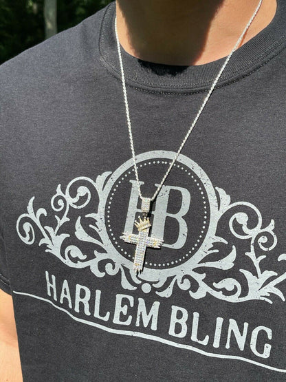 HarlemBling Mens 925 Sterling Baguette Diamond Cross W King Crown Pendant Iced Gold Silver