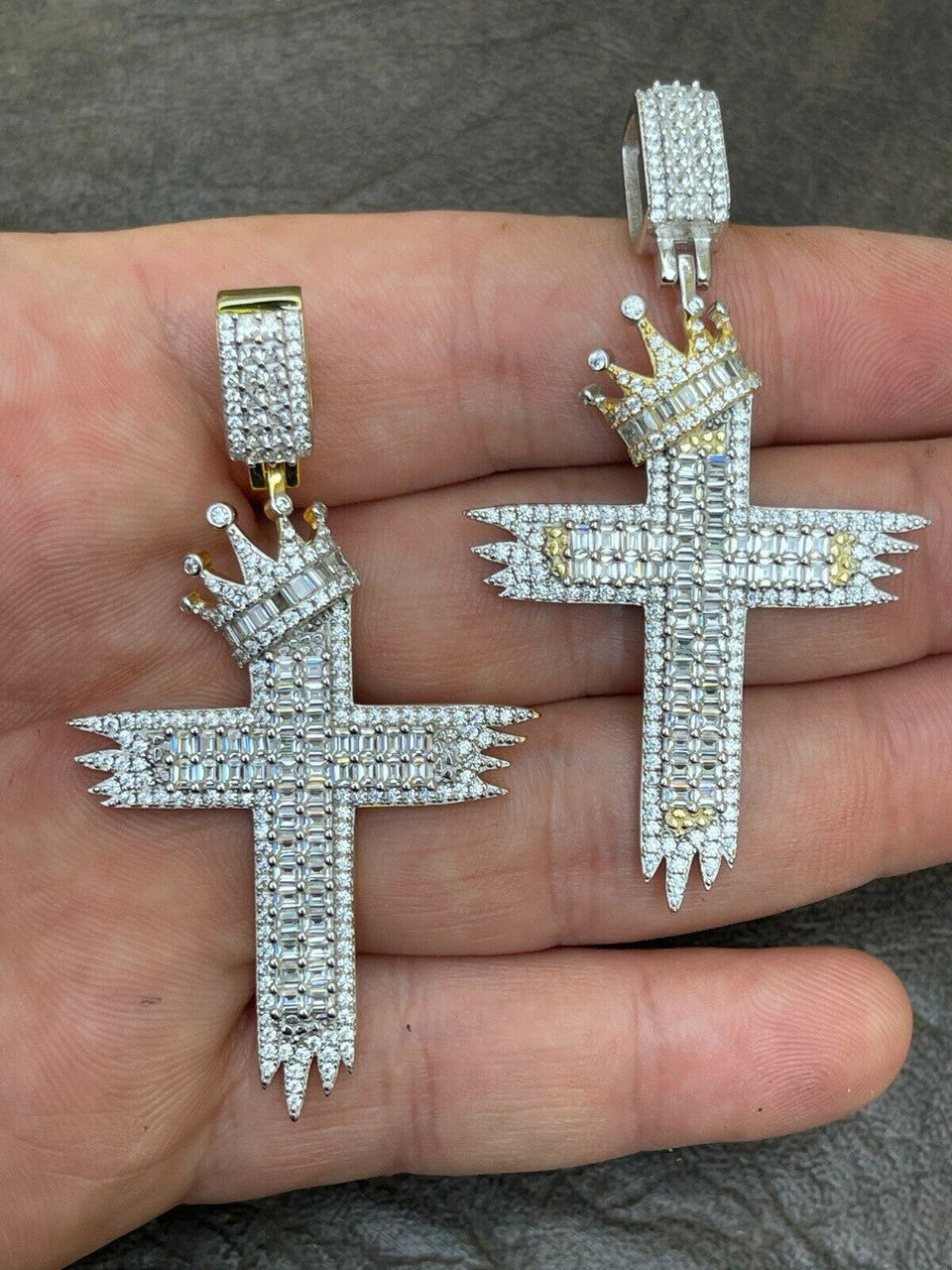HarlemBling Mens 925 Sterling Baguette Diamond Cross W King Crown Pendant Iced Gold Silver