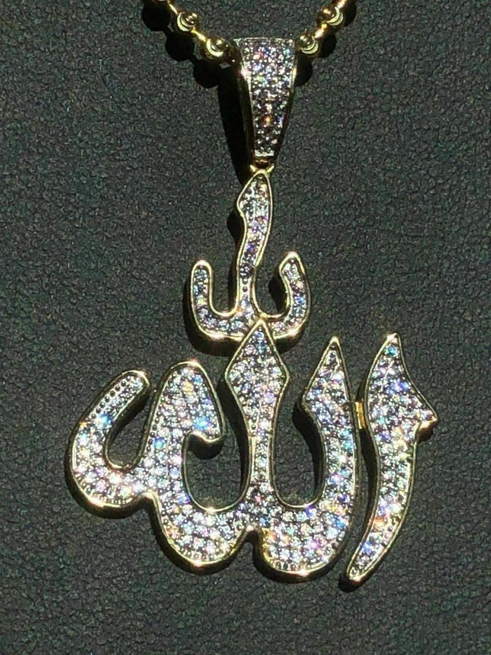 HarlemBling Mens Allah Islam Pendant 1ct Diamond 14K Gold Over Solid 925 Silver REAL ICY