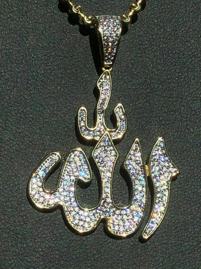 HarlemBling Mens Allah Islam Pendant 1ct Diamond 14K Gold Over Solid 925 Silver REAL ICY