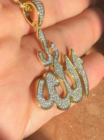 HarlemBling Mens Allah Islam Pendant 1ct Diamond 14K Gold Over Solid 925 Silver REAL ICY