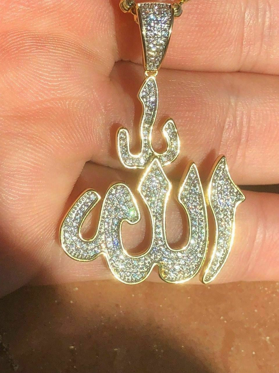 HarlemBling Mens Allah Islam Pendant 1ct Diamond 14K Gold Over Solid 925 Silver REAL ICY