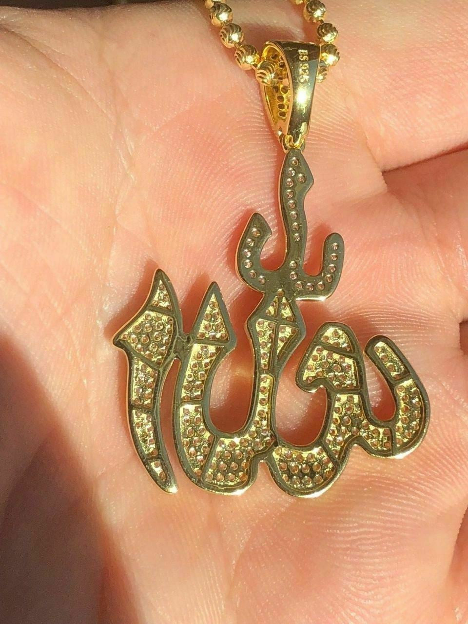 HarlemBling Mens Allah Islam Pendant 1ct Diamond 14K Gold Over Solid 925 Silver REAL ICY