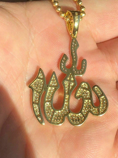 HarlemBling Mens Allah Islam Pendant 1ct Diamond 14K Gold Over Solid 925 Silver REAL ICY