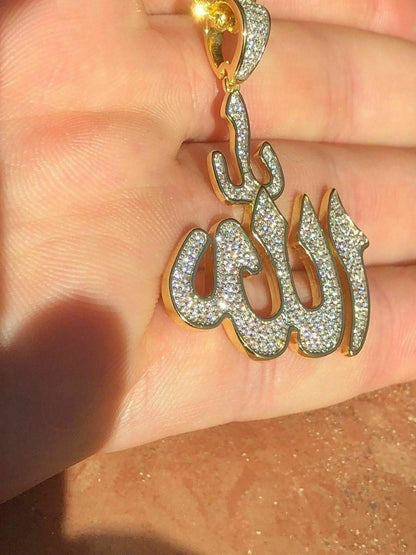 HarlemBling Mens Allah Islam Pendant 1ct Diamond 14K Gold Over Solid 925 Silver REAL ICY
